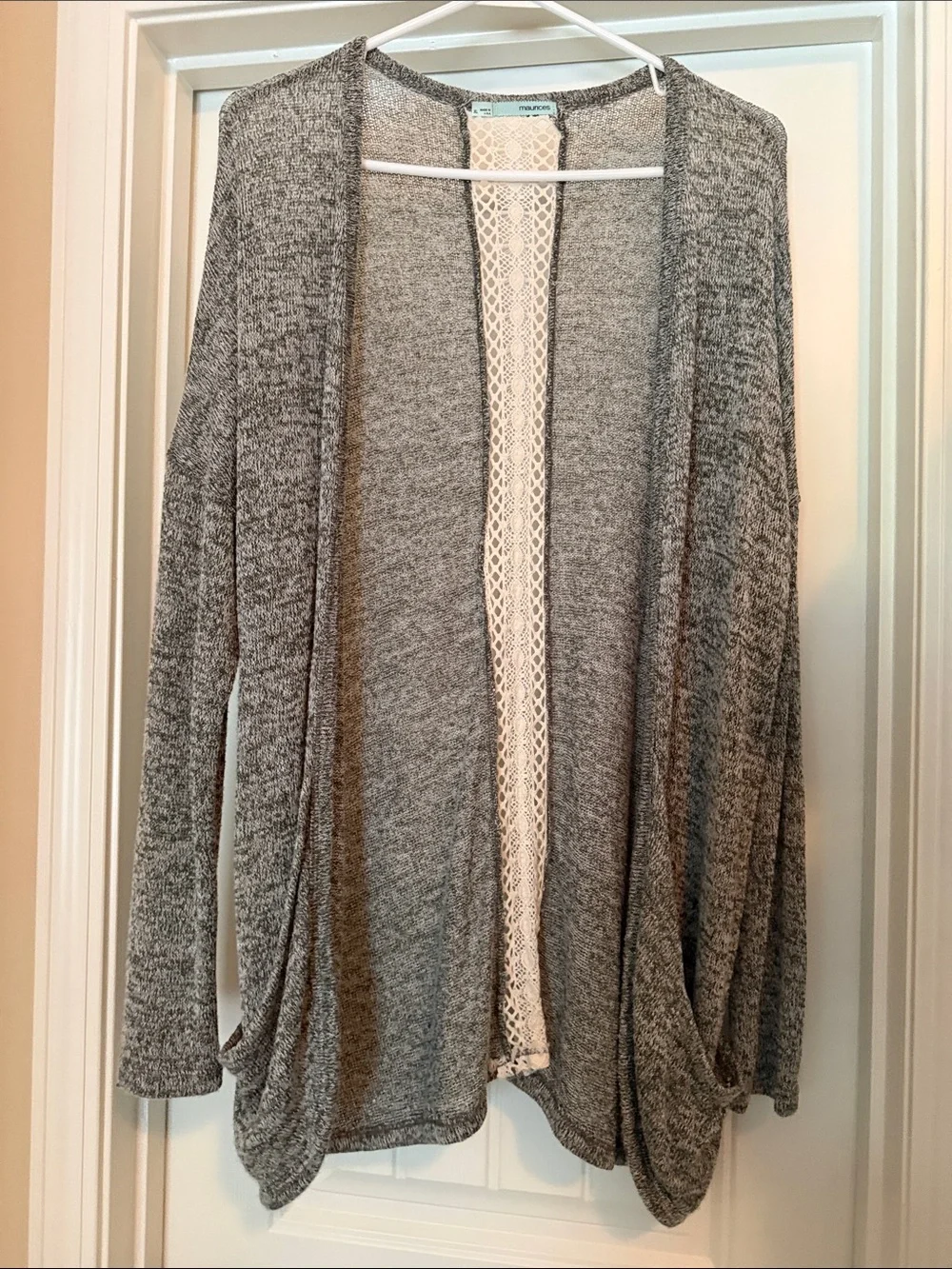 Maurices Gray Open-Front Cardigan with Cream Lace Panel